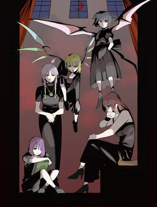 remilia scarlet, flandre scarlet, izayoi sakuya, patchouli knowledge, and hong meiling (touhou) drawn by onigunsou