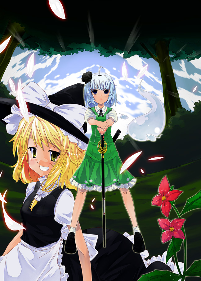 kirisame marisa and konpaku youmu (touhou) drawn by kiku_hitomoji