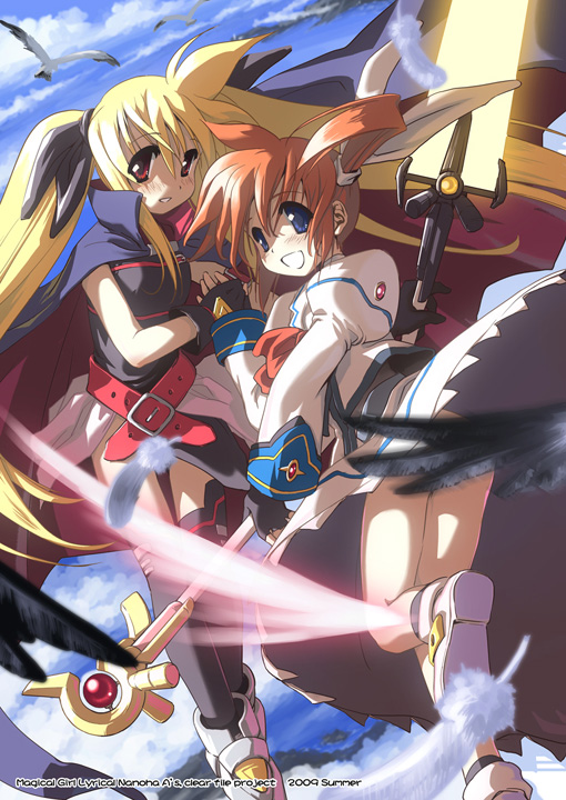 fate testarossa, takamachi nanoha, raising heart, and bardiche (lyrical nanoha and 2 more) drawn by crusoe