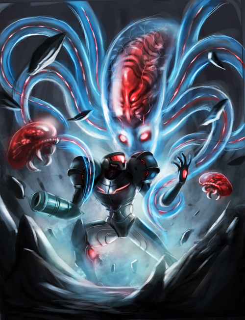 samus aran, metroid, metroid larva, and metroid prime (metroid and 1 more) drawn by julesdrawz