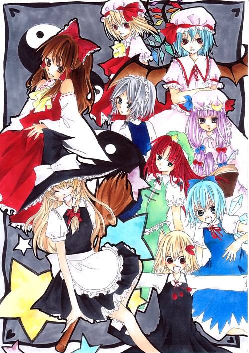 hakurei reimu, kirisame marisa, remilia scarlet, flandre scarlet, izayoi sakuya, and 4 more (touhou) drawn by gobo