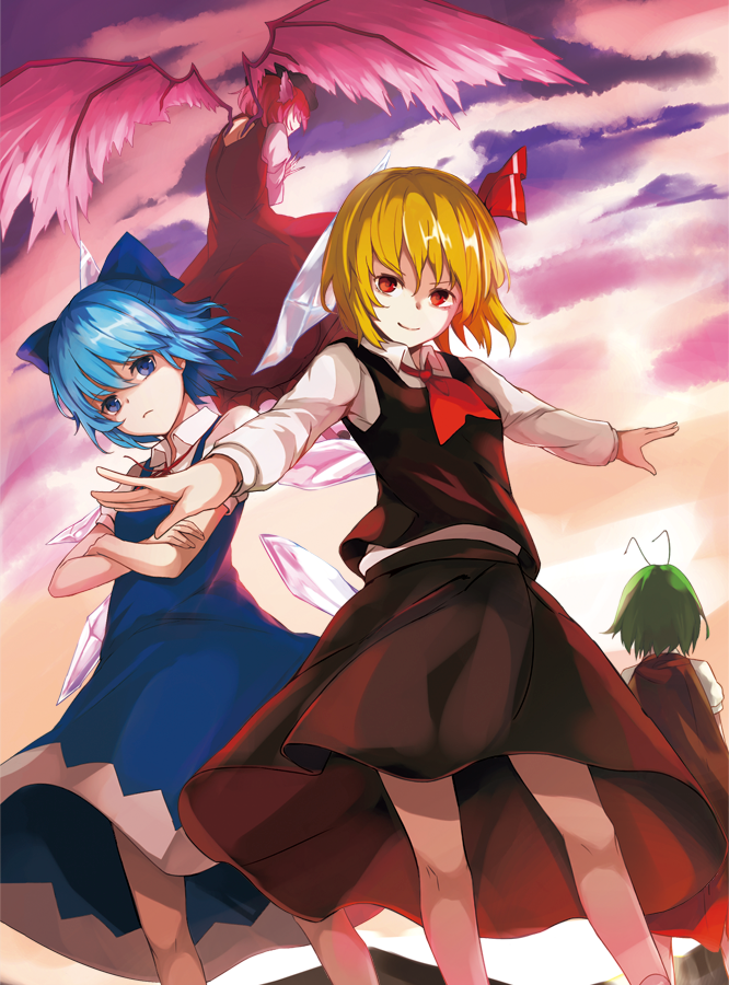 cirno, rumia, mystia lorelei, and wriggle nightbug (touhou) drawn by benetto_(benet)