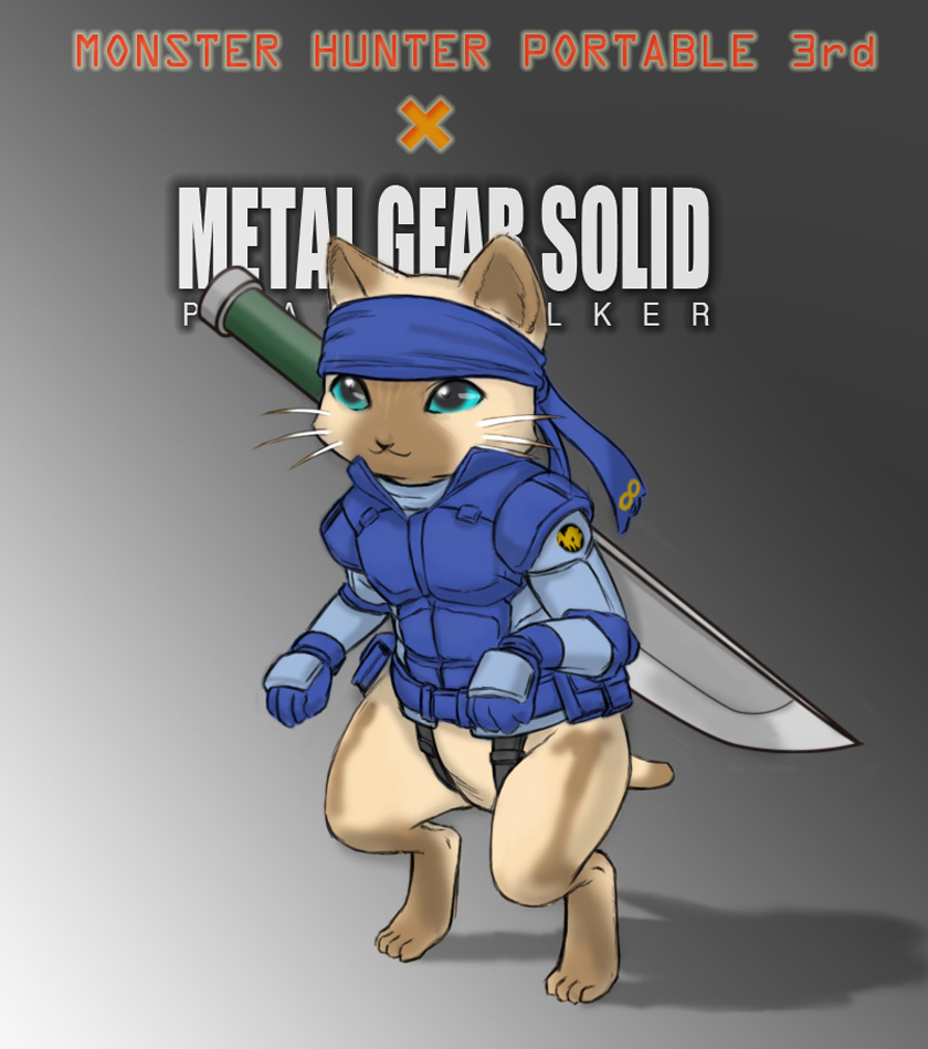 solid snake and player palico (monster hunter and 4 more) drawn by oshiyan