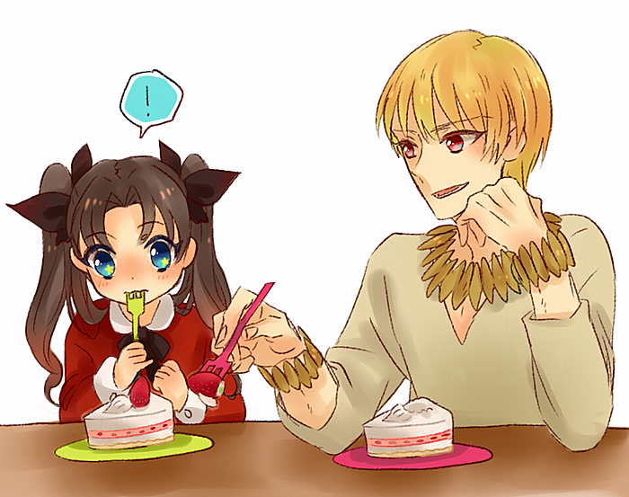 tohsaka rin and gilgamesh (fate and 2 more) drawn by komiyan