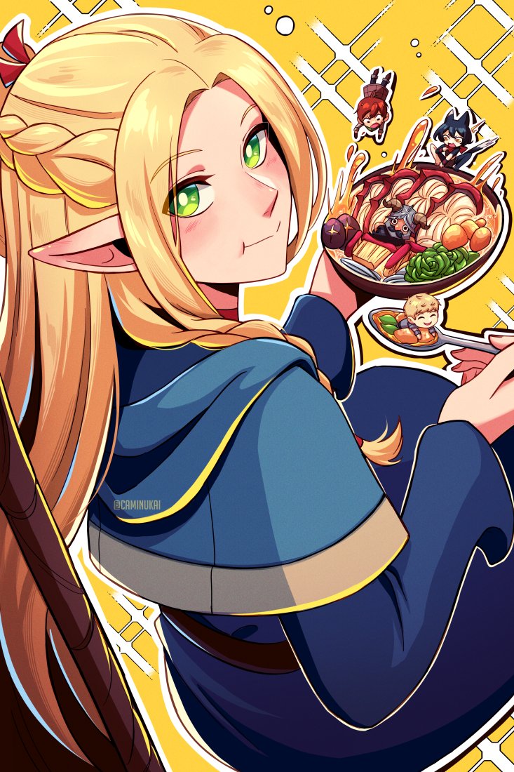 marcille donato, laios touden, senshi, chilchuck tims, and izutsumi (dungeon meshi) drawn by caminukai