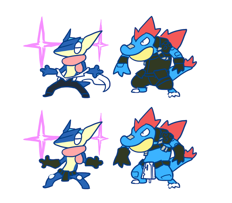 greninja, mikisugi aikurou, feraligatr, and kinagase tsumugu (pokemon and 1 more) drawn by plainwhite
