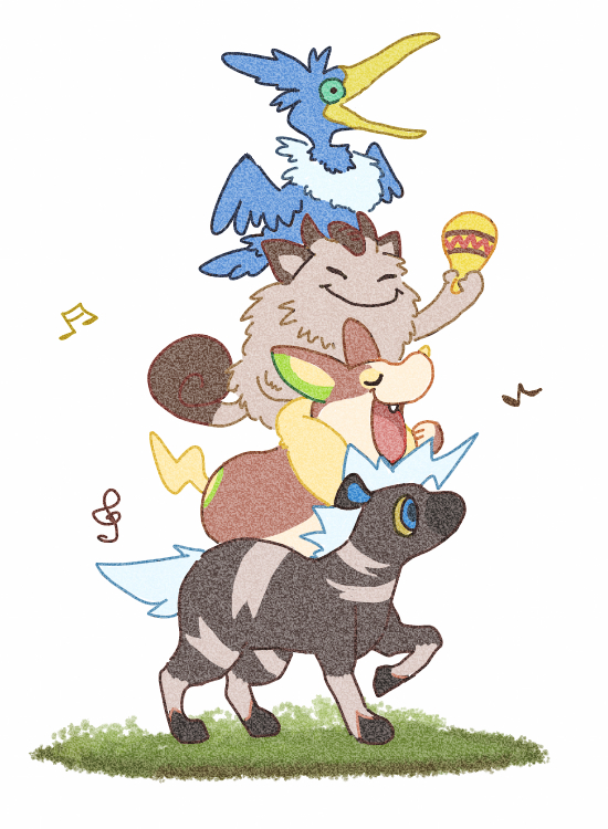 yamper, cramorant, galarian meowth, and blitzle (pokemon and 1 more) drawn by kirikaze_(mugimikan)