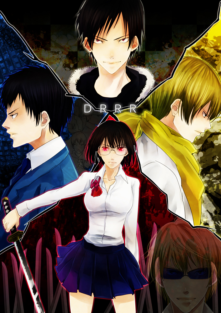 orihara izaya, sonohara anri, heiwajima shizuo, ryuugamine mikado, and kida masaomi (durarara!!) drawn by kanameyura