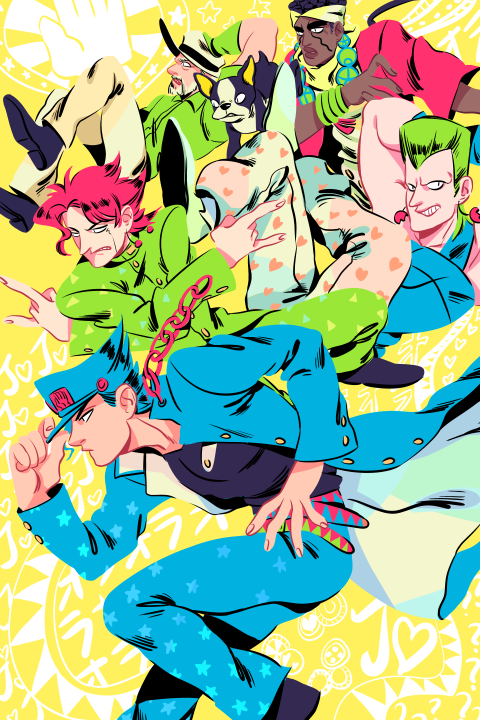 joseph joestar, kujo jotaro, kakyoin noriaki, jean pierre polnareff, mohammed avdol, and 1 more (jojo no kimyou na bouken and 1 more) drawn by 6hours_(fancycars)