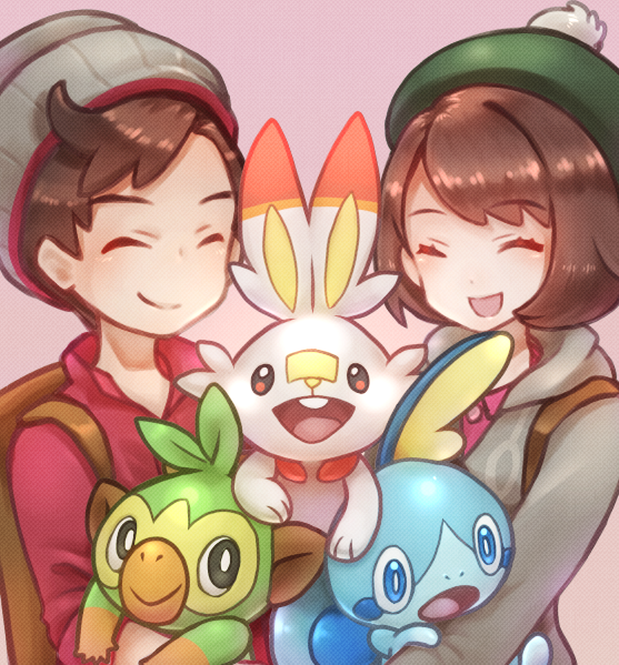 gloria, scorbunny, sobble, victor, and grookey (pokemon and 1 more) drawn by s_(happycolor_329)