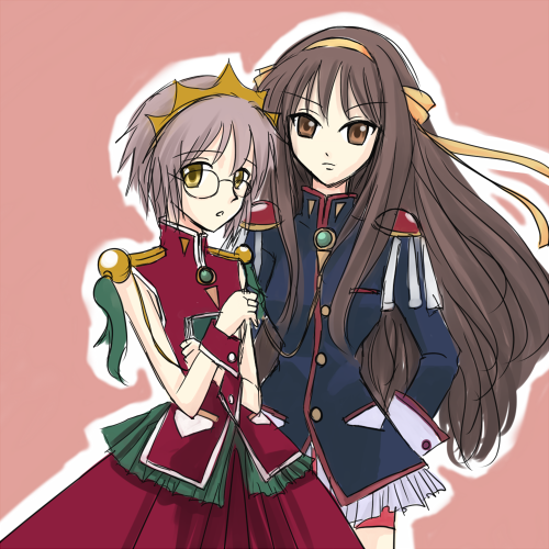 suzumiya haruhi, nagato yuki, tenjou utena, and himemiya anthy (suzumiya haruhi no yuuutsu and 2 more) drawn by dahlia_(tiamatdahlia)