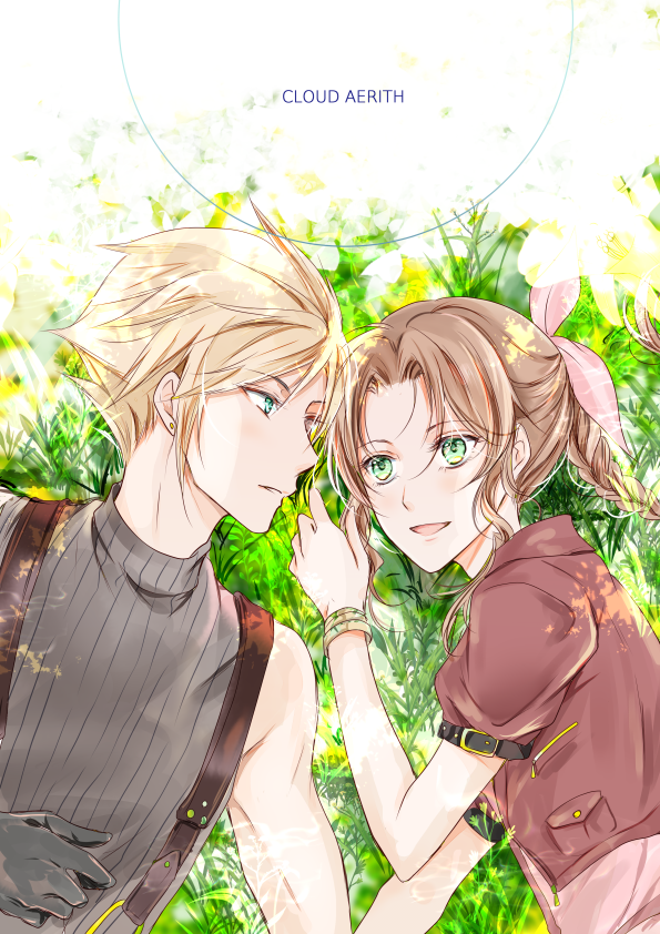 cloud strife and aerith gainsborough (final fantasy and 2 more) drawn by akebi_(kakuri)
