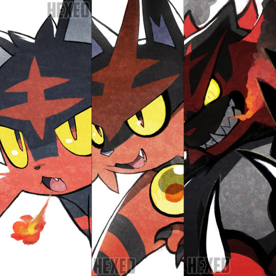 litten, incineroar, and torracat (pokemon and 1 more) drawn by rae_(hexedwithluck)