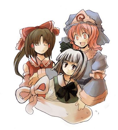 hakurei reimu, konpaku youmu, and saigyouji yuyuko (touhou) drawn by tako_(plastic_protein)