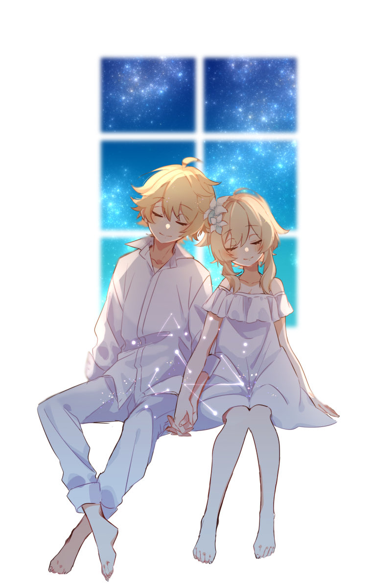 lumine and aether (genshin impact) drawn by ochasuke_(corono)