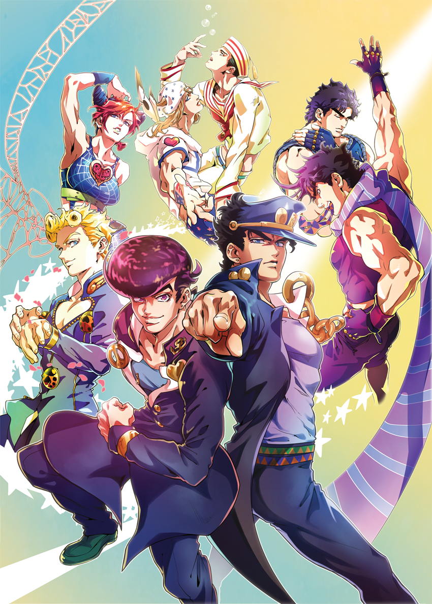 joseph joestar, kujo jotaro, kujo jolyne, giorno giovanna, jonathan joestar, and 2 more (jojo no kimyou na bouken and 8 more) drawn by matcha_cream_v