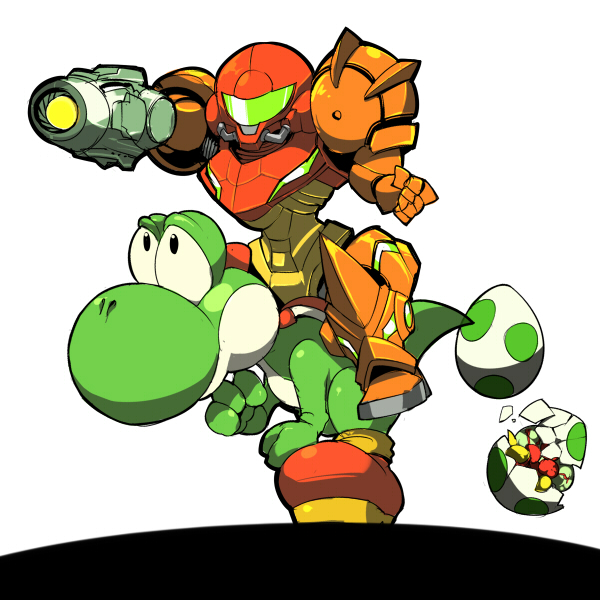 samus aran, yoshi, metroid, and metroid larva (mario and 2 more) drawn by ario