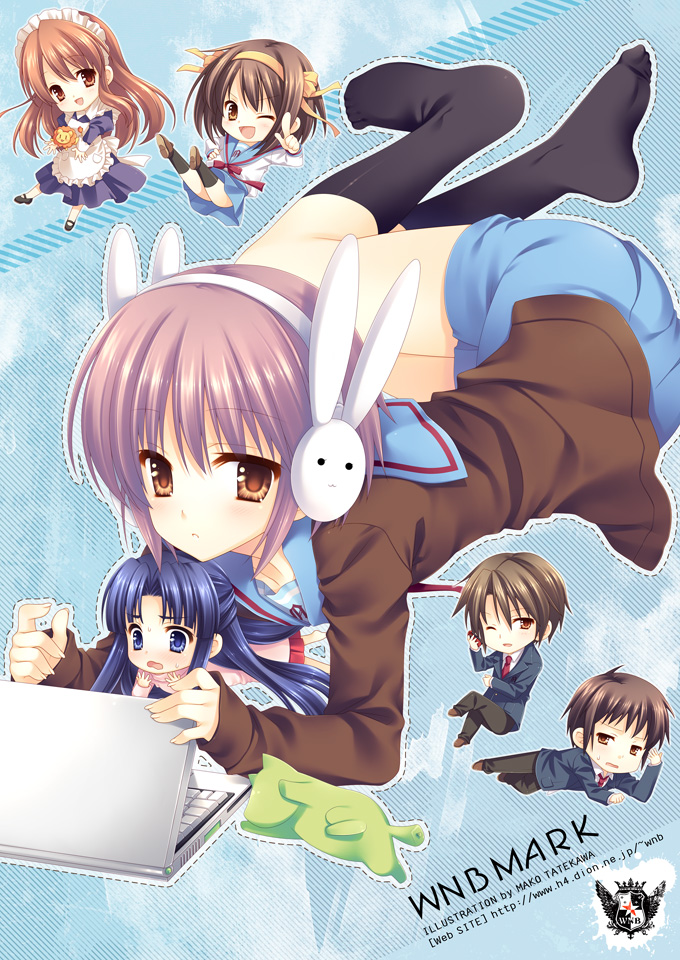 suzumiya haruhi, nagato yuki, asahina mikuru, kyon, asakura ryoko, and 4 more (suzumiya haruhi no yuuutsu and 1 more) drawn by tatekawa_mako and wnb_mark