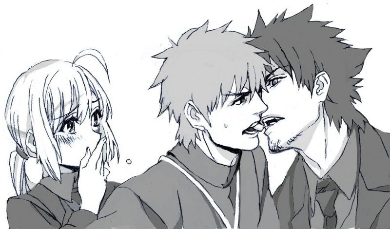 artoria pendragon, saber, kotomine kirei, and emiya kiritsugu (fate and 1 more) drawn by nobita_(makoto7060355)
