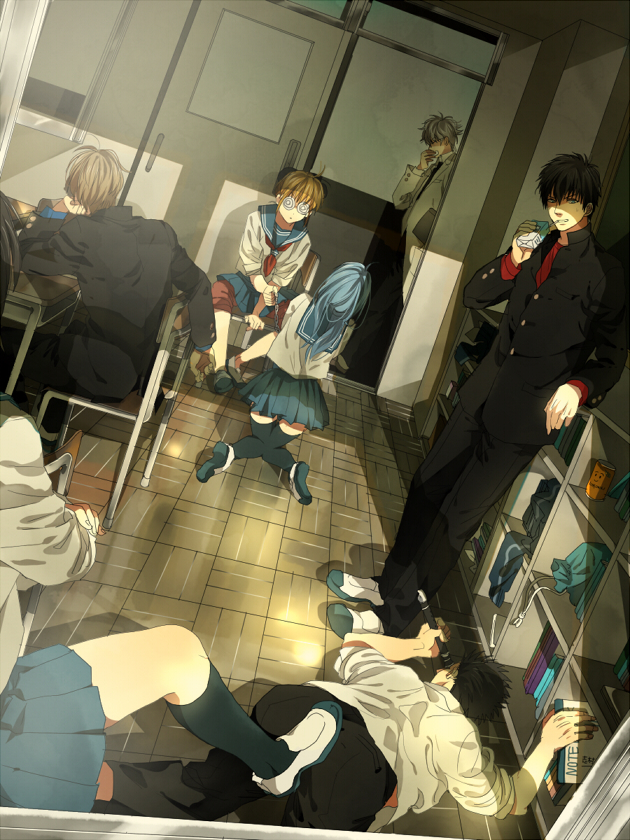 sakata gintoki, kagura, okita sougo, hijikata toushirou, sarutobi ayame, and 2 more (gintama) drawn by mcr