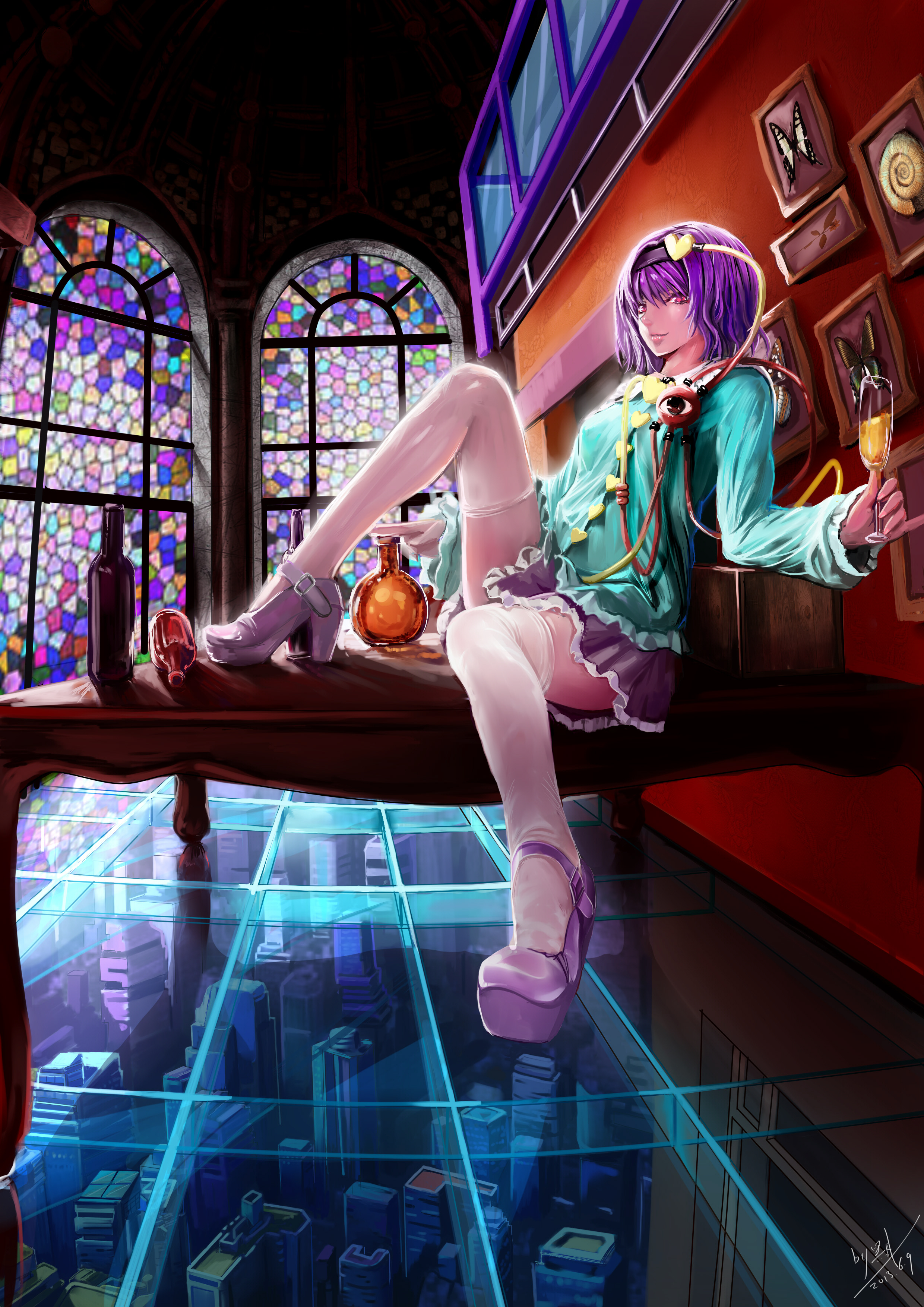 1girl absurdres bbkid bottle cityscape cup dated foreshortening glass_floor hairband heart high_heels highres holding komeiji_satori leg_up light_smile looking_at_viewer pink_eyes purple_hair shoes signature solo stained_glass table thighhighs touhou white_legwear wine_glass
