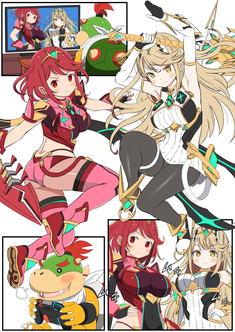 pyra, mythra, and bowser jr. (mario and 3 more) drawn by shougakusei