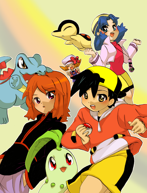 ethan, lyra, silver, kris, cyndaquil, and 2 more (pokemon and 1 more) drawn by kashima_(sasakissm_game)