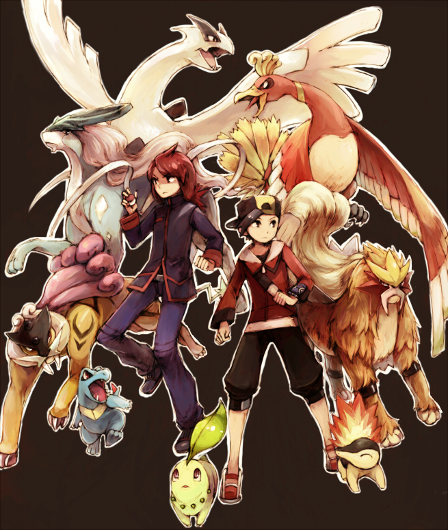 ethan, silver, cyndaquil, chikorita, totodile, and 5 more (pokemon and 1 more) drawn by nemu_(isaya)