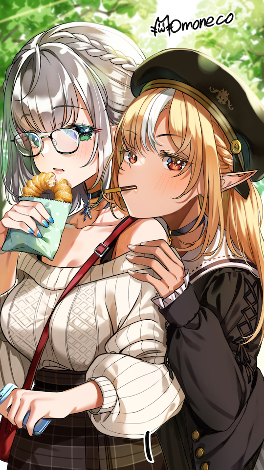 shirogane noel and shiranui flare (hololive) drawn by momone_cco