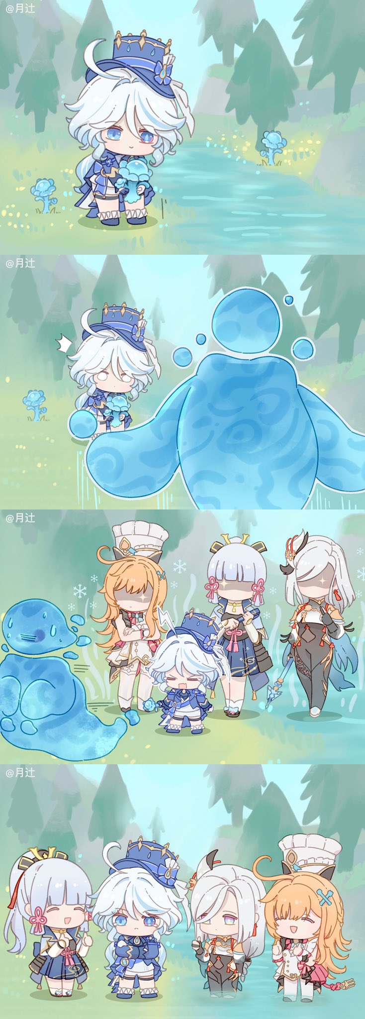 furina, kamisato ayaka, shenhe, escoffier, and tainted hydro phantasm (genshin impact) drawn by heureux13