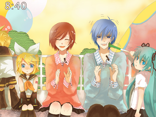 hatsune miku, kagamine rin, kagamine len, kaito, and meiko (vocaloid) drawn by meiko_ak