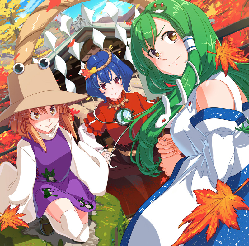 kochiya sanae, moriya suwako, and yasaka kanako (touhou and 1 more) drawn by takuzui