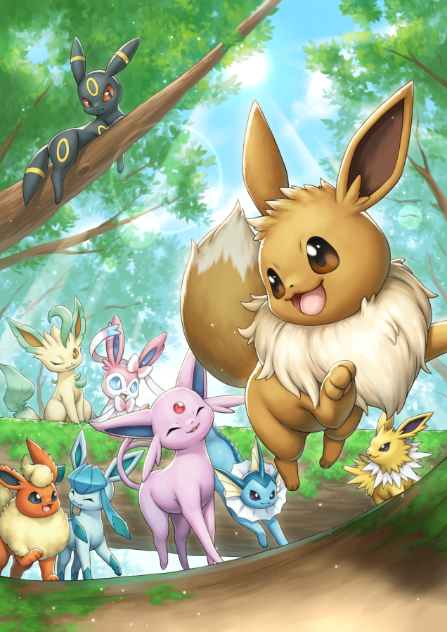eevee, sylveon, umbreon, glaceon, vaporeon, and 4 more (pokemon) drawn by kemonomichi_(blue_black)