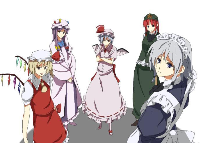 remilia scarlet, flandre scarlet, izayoi sakuya, patchouli knowledge, and hong meiling (touhou) drawn by kajiki
