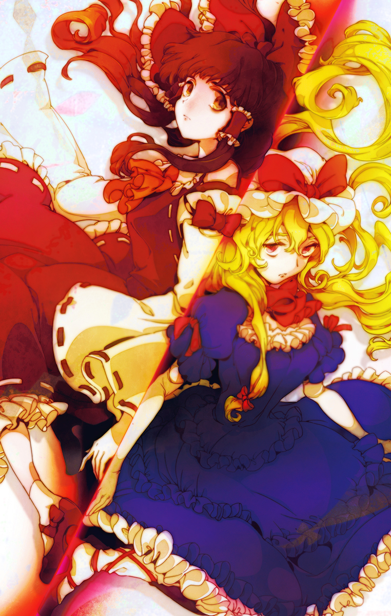 hakurei reimu and yakumo yukari (touhou) drawn by yukizen