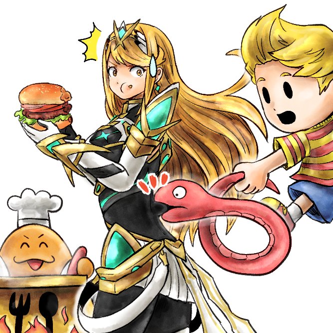lucas, mythra, and chef kawasaki (xenoblade chronicles and 5 more) drawn by kicdon