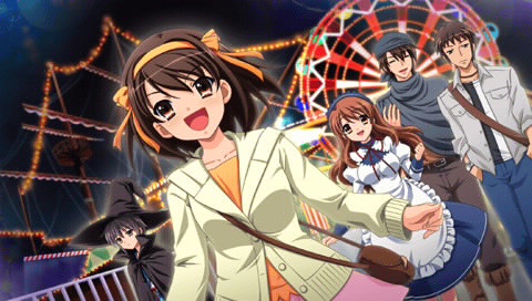 suzumiya haruhi, nagato yuki, asahina mikuru, kyon, and koizumi itsuki (suzumiya haruhi no yuuutsu)