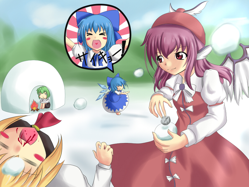 cirno, rumia, mystia lorelei, and wriggle nightbug (touhou) drawn by aitsugawa_rui