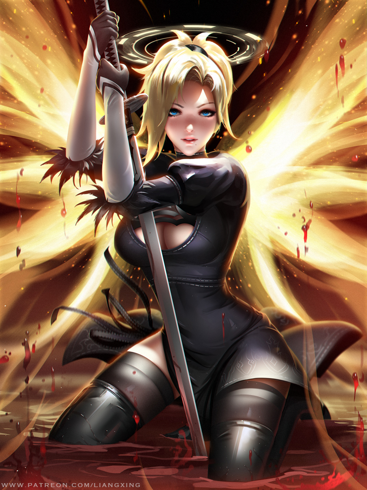 2b and mercy (overwatch and 3 more) drawn by liang_xing