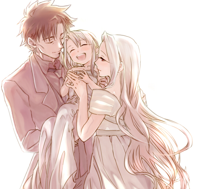 illyasviel von einzbern, emiya kiritsugu, and irisviel von einzbern (fate and 1 more) drawn by hallch