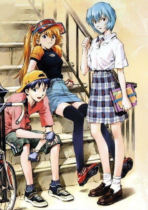 souryuu asuka langley, ayanami rei, and ikari shinji (neon genesis evangelion) drawn by sadamoto_yoshiyuki