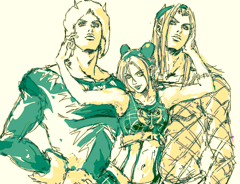 kujo jolyne, narciso anasui, and weather report (jojo no kimyou na bouken and 1 more) drawn by reine_(artist)