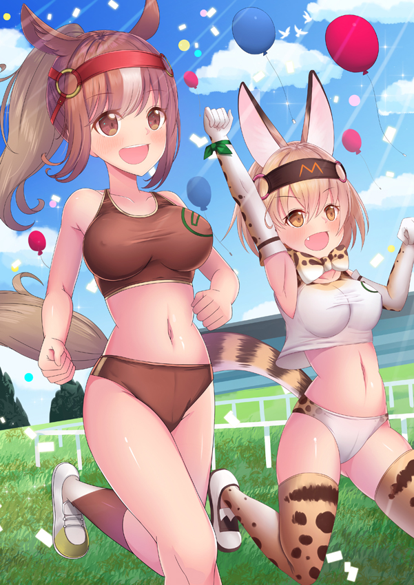 serval and chestnut thoroughbred (kemono friends and 1 more) drawn by yoshiheihe