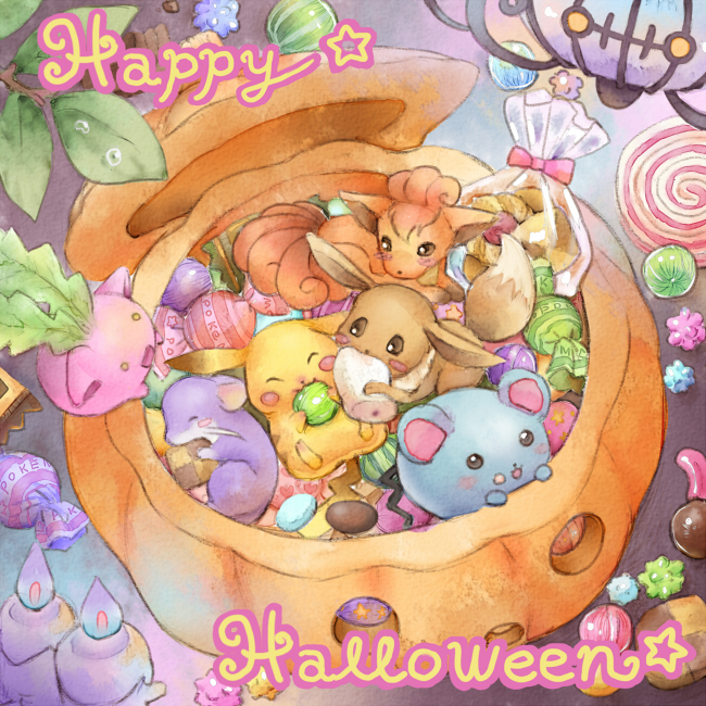 pikachu, eevee, litwick, chandelure, vulpix, and 3 more (pokemon) drawn by komori_fuuka