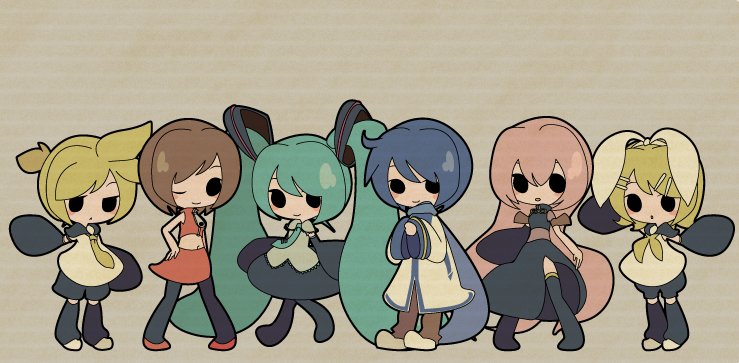 hatsune miku, kagamine rin, kagamine len, megurine luka, kaito, and 1 more (vocaloid) drawn by eruri_(mgmn)