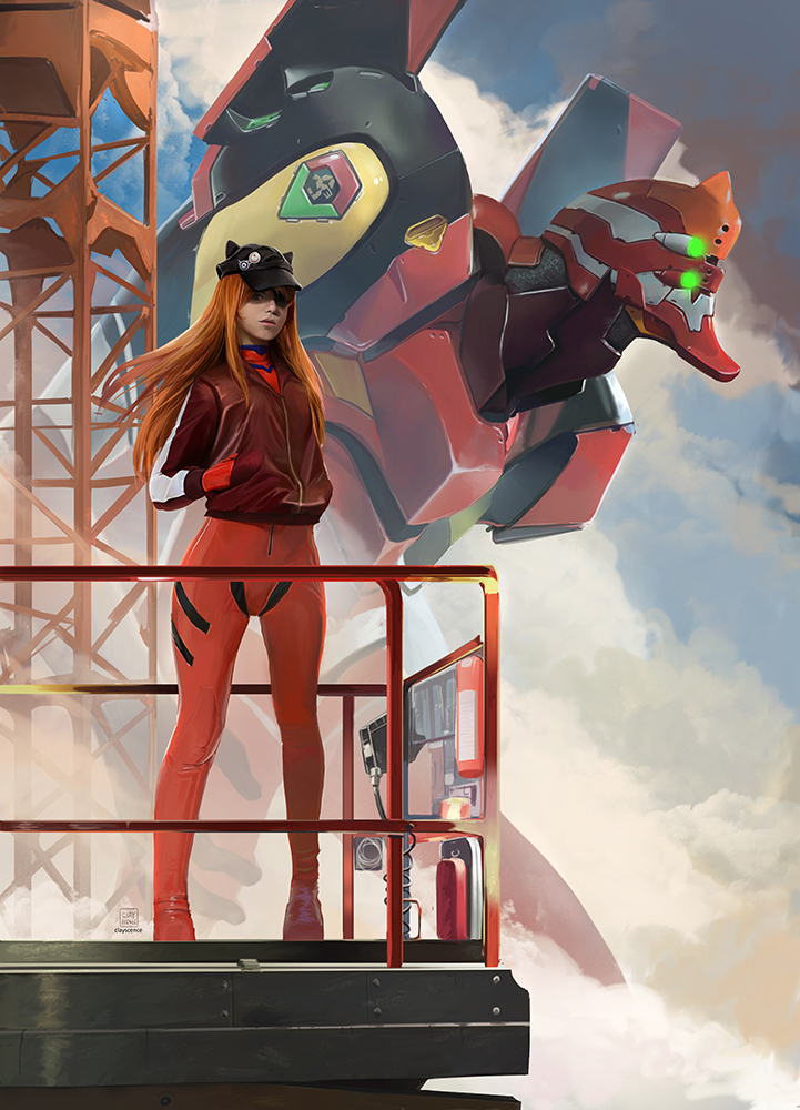 souryuu asuka langley and eva 02 (neon genesis evangelion and 2 more) drawn by clayscence
