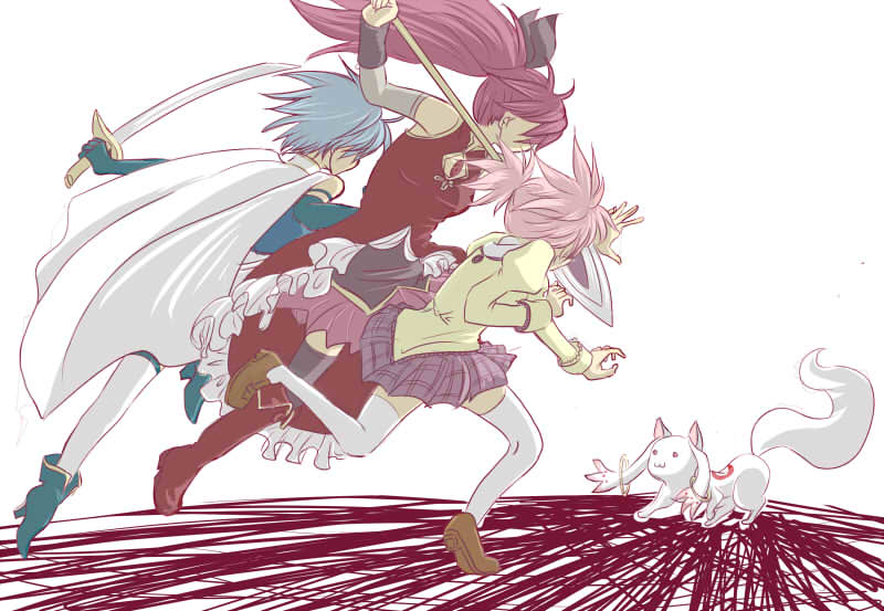 kaname madoka, miki sayaka, sakura kyoko, and kyubey (mahou shoujo madoka magica) drawn by satou_aomushi
