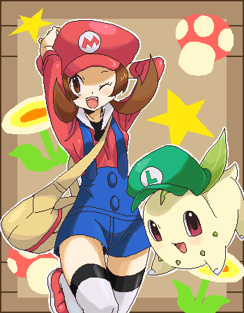 mario, lyra, luigi, and chikorita (pokemon and 3 more) drawn by agemono