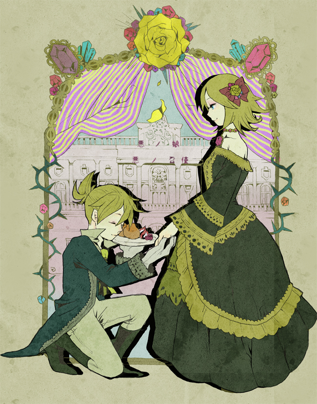 kagamine rin, kagamine len, riliane lucifen d'autriche, and allen avadonia (vocaloid and 2 more) drawn by tobi_(kotetsu)