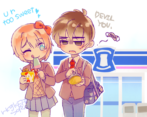 sayori and protagonist (doki doki literature club) drawn by sora_(efr)